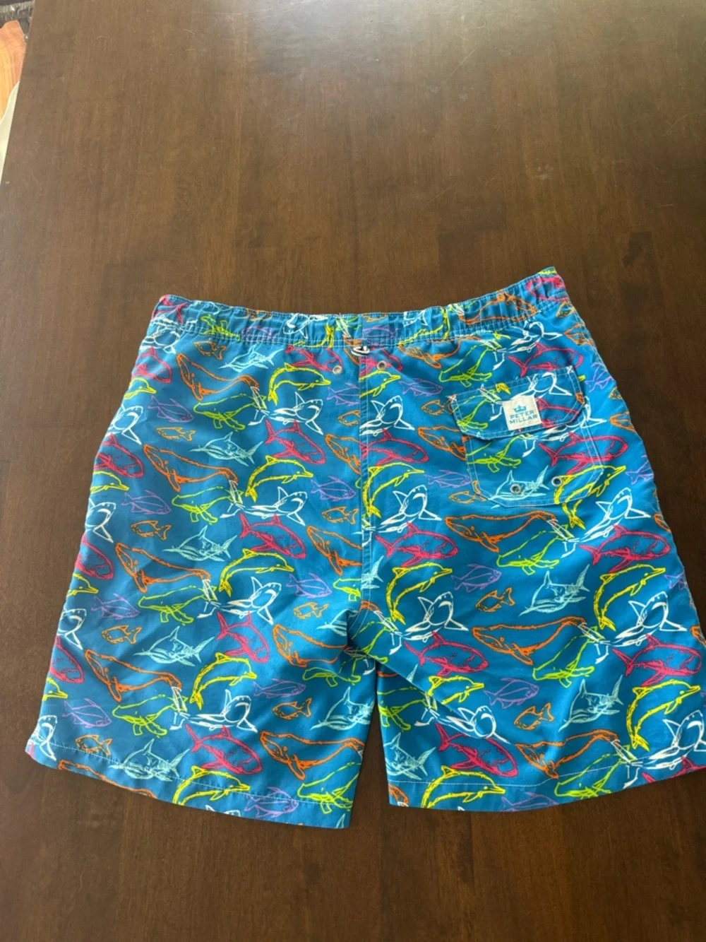 Peter Millar Shark Print Swim Trunks Blue Multicolor Size By Measurements - Picture 2 of 6